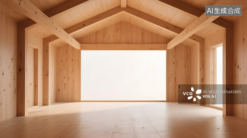 【AI数字艺术】原木结构极简温馨感透视感建筑空间图片素材
