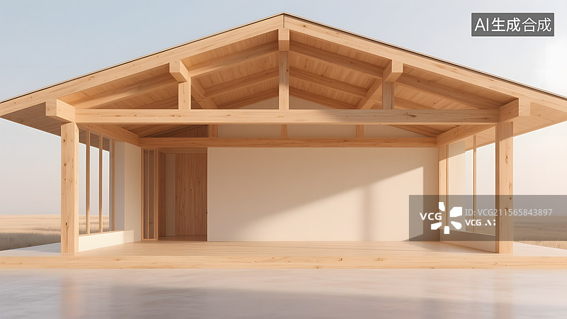 【AI数字艺术】原木结构极简温馨感透视感建筑空间图片素材