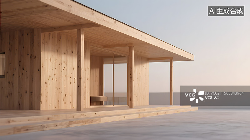 【AI数字艺术】原木结构极简温馨感透视感建筑空间图片素材