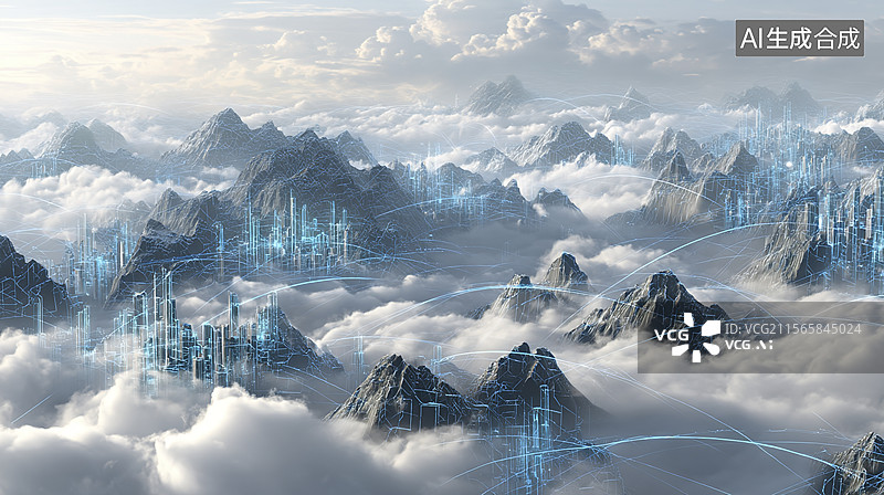 【AI数字艺术】云海之上，全球互联图片素材