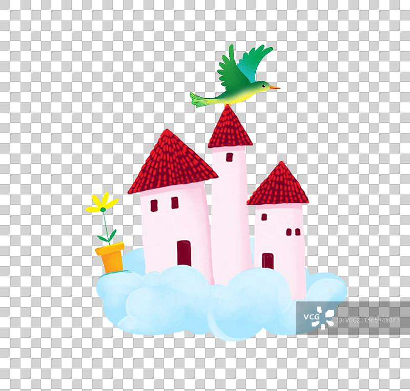 免抠图形 PNG元素 云朵上的房屋和飞鸟图片素材