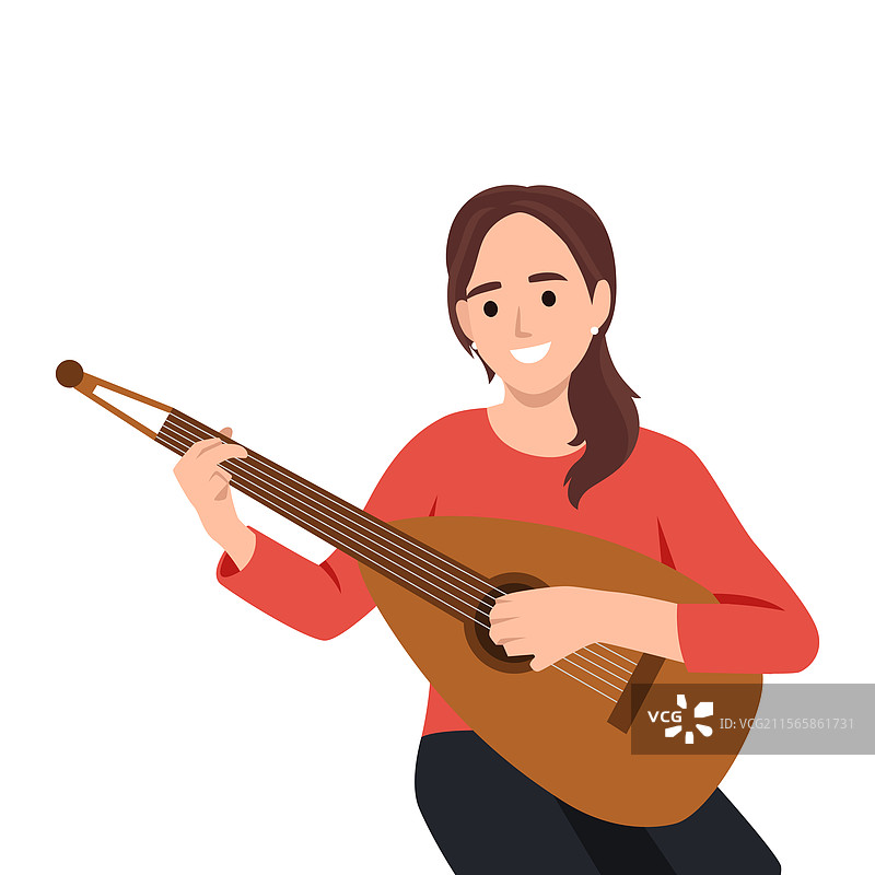 微笑的女人快乐地弹奏琵琶图片素材