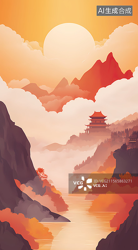 【AI数字艺术】日本山峰的日出图片素材