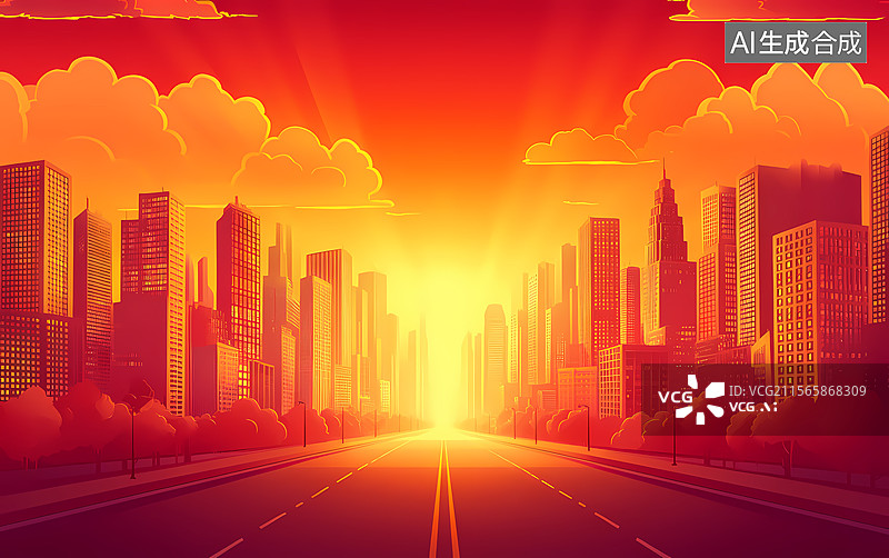 【AI数字艺术】城市日出大道图片素材