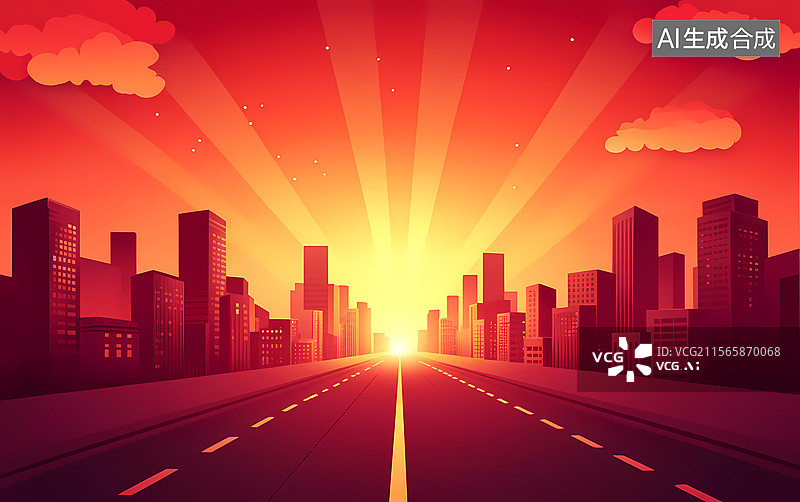 【AI数字艺术】城市日出大道图片素材
