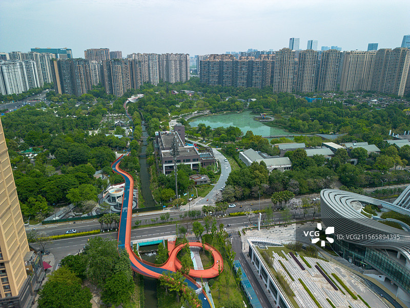 成都高新区人行天桥绿道城市航拍图片素材