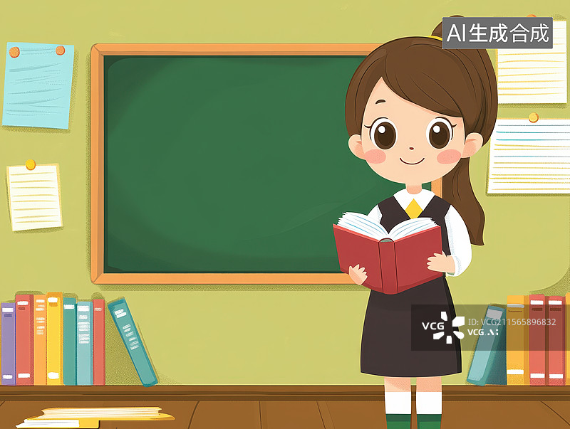 【AI数字艺术】卡通女性老师站在黑板前讲课，教师节海报背景图片素材