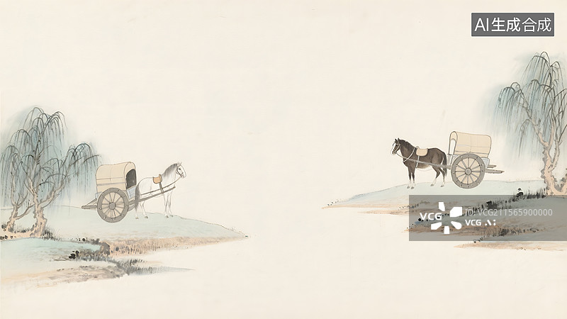 【AI数字艺术】水墨画古代马车两侧图片素材