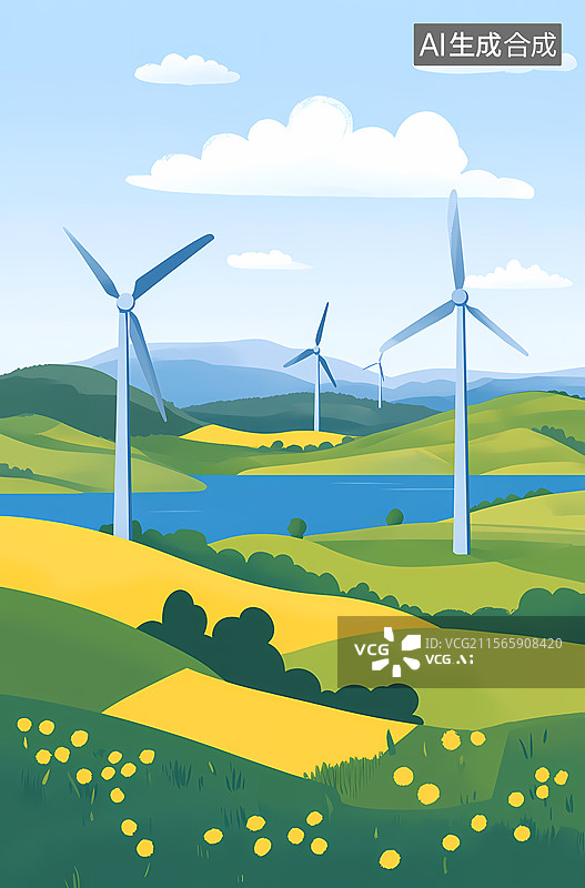 【AI数字艺术】五彩风力发电场图片素材