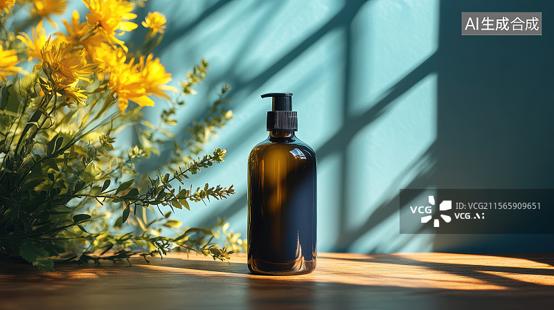 【AI数字艺术】阳光下花卉旁的棕色按压瓶静物图像图片素材