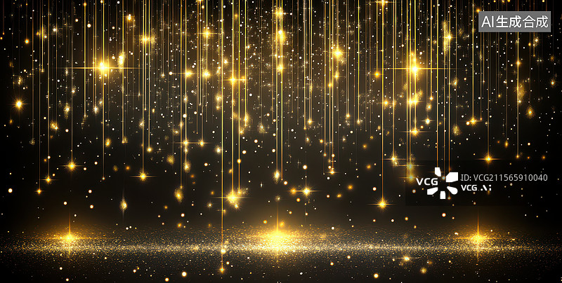 【AI数字艺术】黑色背景的金色粒子垂落抽象艺术图像图片素材