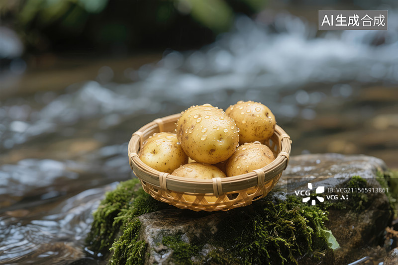 【AI数字艺术】山溪旁的新鲜土豆图片素材