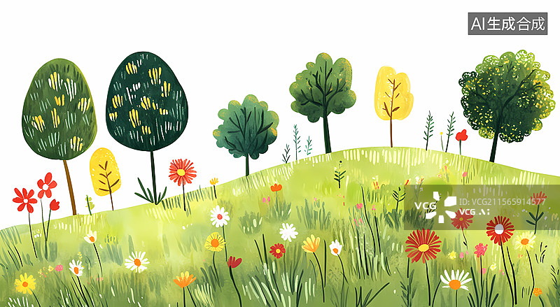 【AI数字艺术】生机勃勃的春日小丘图片素材