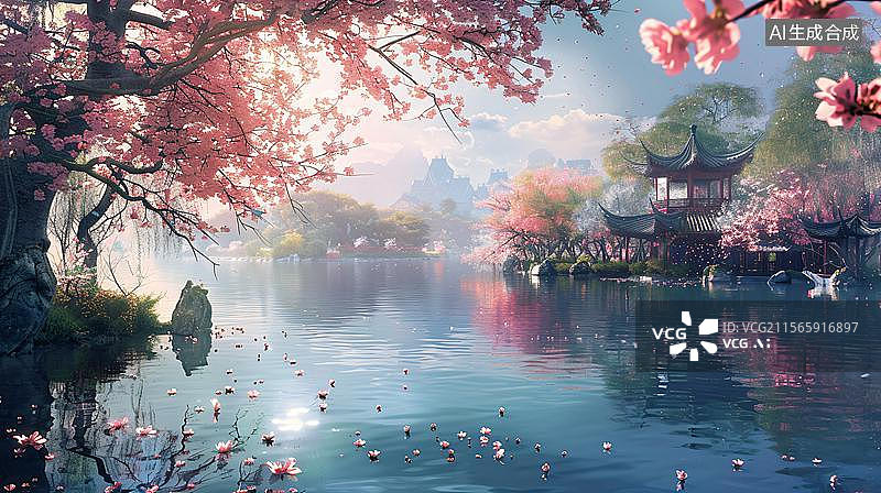 【AI数字艺术】湖光山色古韵亭  落英缤纷水云间  湖光山色的亭台阁楼 江南水榭亭台图片素材