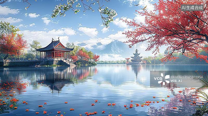 【AI数字艺术】湖光山色古韵亭  落英缤纷水云间  湖光山色的亭台阁楼 江南水榭亭台图片素材