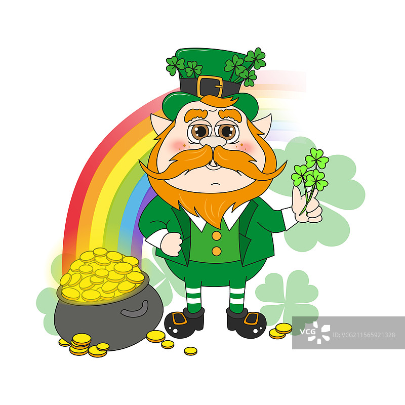 卡通小精灵与装满金子的锅和花束图片素材