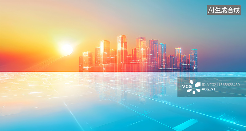 【AI数字艺术】【AI数字艺术】早晨光芒照射的智慧城市图片素材