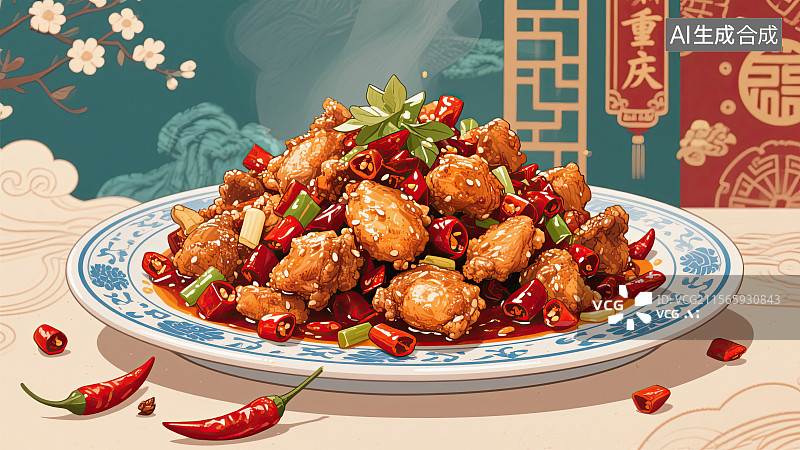 【AI数字艺术】中华美食，重庆辣子鸡，川菜，中国食品，插画图片素材