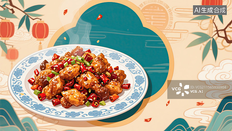 【AI数字艺术】中华美食，重庆辣子鸡，川菜，中国食品，插画图片素材