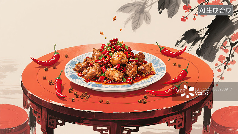 【AI数字艺术】中华美食，重庆辣子鸡，川菜，中国食品，插画图片素材