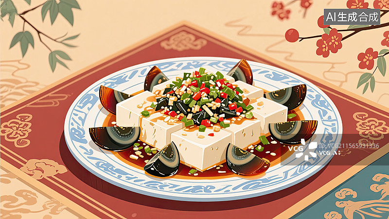【AI数字艺术】中华美食，皮蛋拌豆腐，健康食物，素菜，插画图片素材