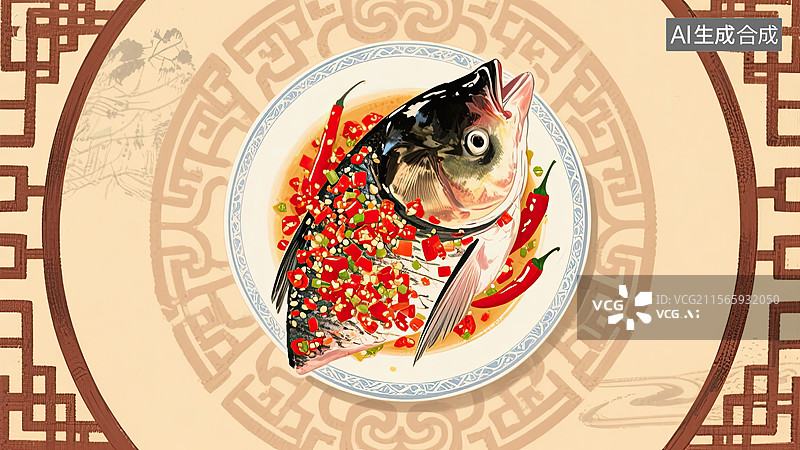 【AI数字艺术】中华美食，剁椒鱼头，食品，湖南美食，插画图片素材