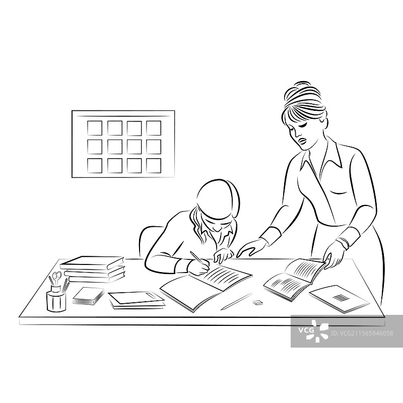 女孩的剪影，她正在用笔写字图片素材