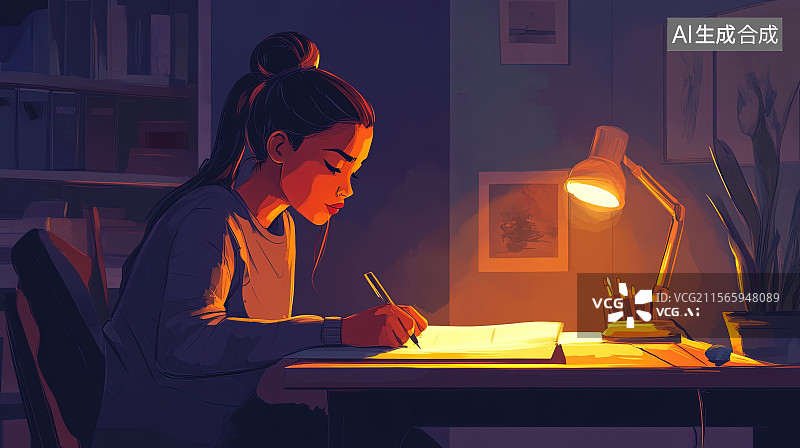 【AI数字艺术】母亲节插画年轻的母亲在书桌前耐心辅导孩子做作业图片素材