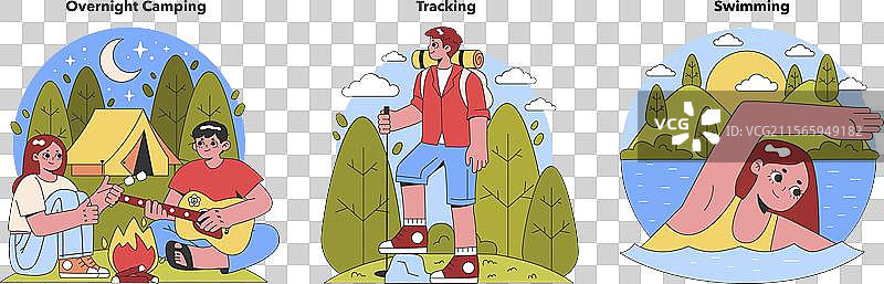 快乐的露营者享受星空夜晚，一位徒步旅行者图片素材