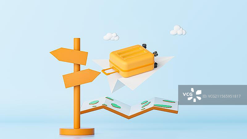 飞向梦想的旅程  卡通行李箱与飞机 旅行主题3D插画图片素材