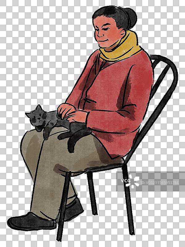 老奶奶老太婆一个人独居老年生活退休养猫温馨下午小猫插画图片素材