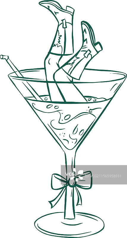 马提尼酒杯线条艺术与优雅的腿部设计图片素材