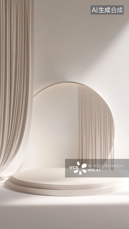 【AI数字艺术】双层圆形白色石膏舞台面镜子垂感丝绸窗帘墙壁地面明媚阳光 明亮简约浅乳白色调室内电商产品展台创意背景图片素材