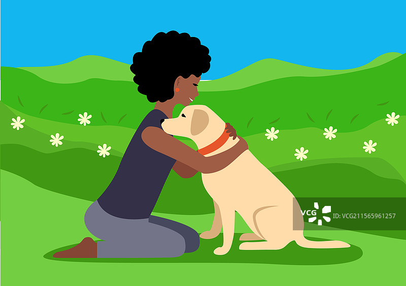 美丽的黑人女孩拥抱她的狗图片素材