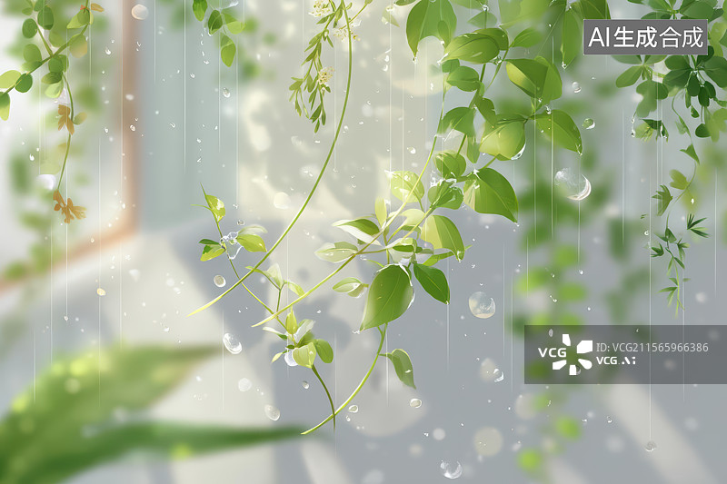 【AI数字艺术】翠绿藤蔓垂落雨滴晶莹透亮图片素材