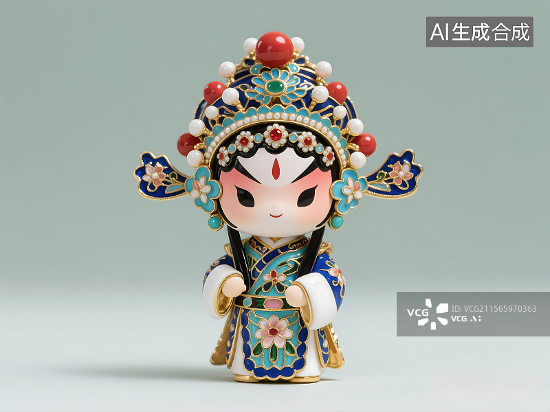 【AI数字艺术】京剧人物角色文创 生角 Q版景泰蓝文创公仔 掐丝珐琅彩 3D立体手办盲盒图片素材
