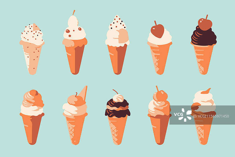 十种不同冰淇淋甜筒的生动展示图片素材