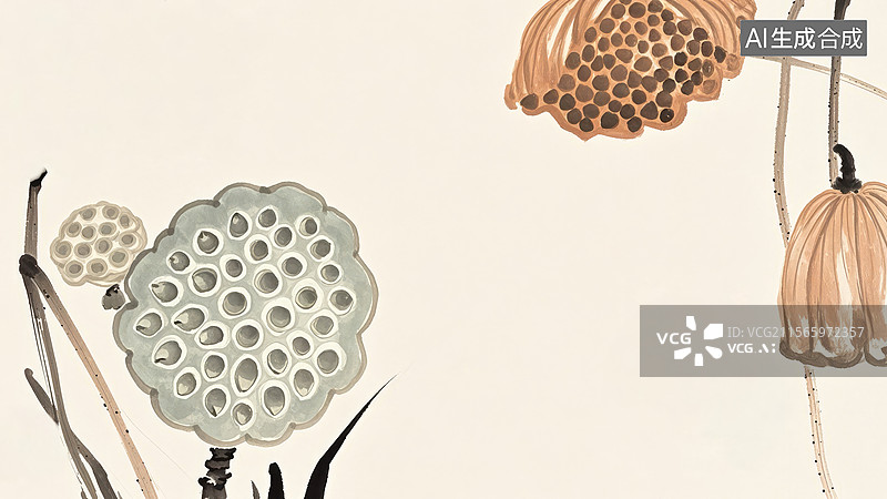 【AI数字艺术】水墨画两侧1莲蓬与枯枝的静物画图片素材