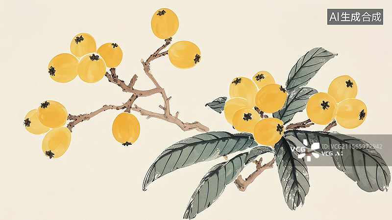 【AI数字艺术】黄果绿叶枝条插画图片素材