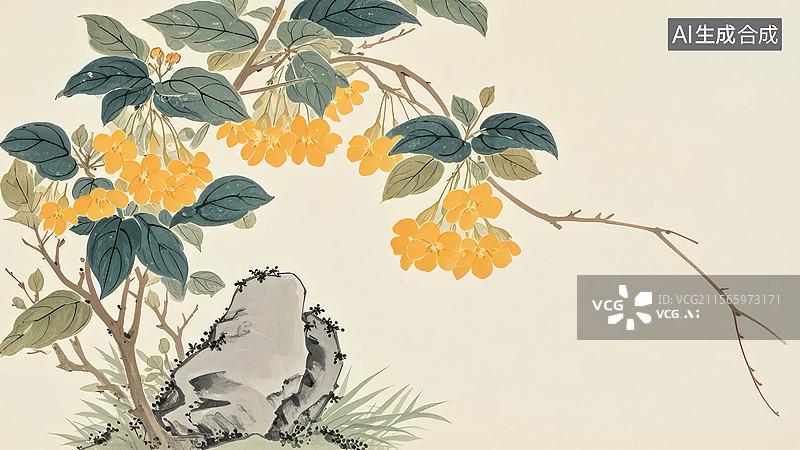 【AI数字艺术】岩石旁的黄色果实与绿叶图片素材