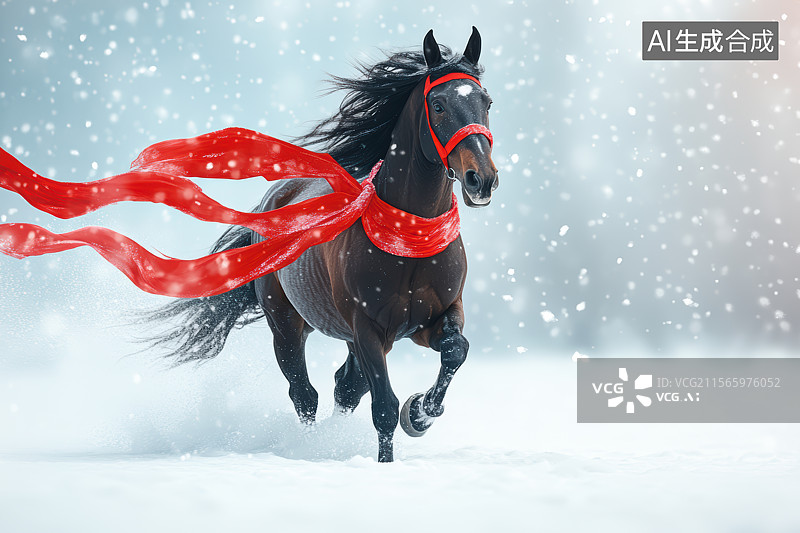 【AI数字艺术】雪地中奔跑的黑马红饰动感图像图片素材