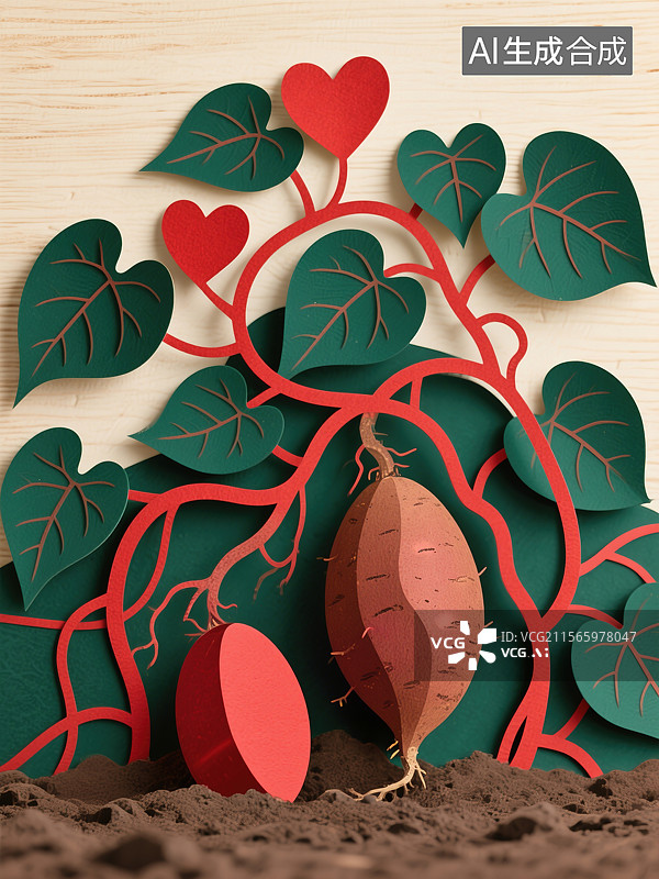 【AI数字艺术】生动立体剪纸地瓜丰收心形叶片和蜿蜒藤蔓与露出的块茎象征丰盛传统文化遗产艺术背景图片素材