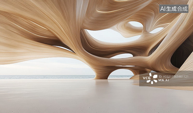 【AI数字艺术】后现代木板纹理室内展厅空间图片素材