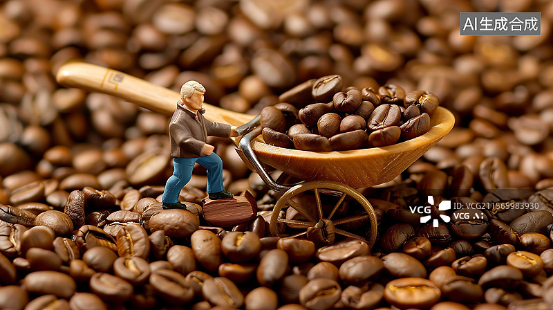 【AI数字艺术】微缩模型木勺上的冻干咖啡与工人图片素材