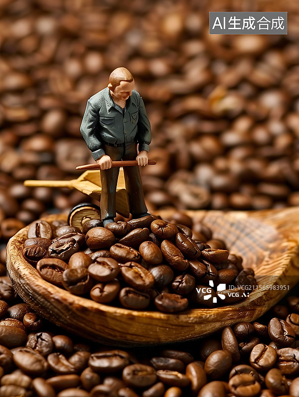 【AI数字艺术】微缩模型木勺上的冻干咖啡与工人图片素材