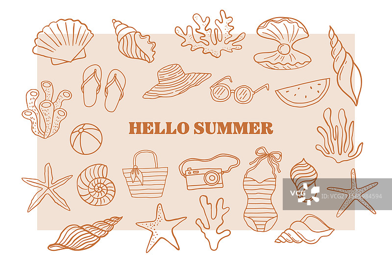 波西米亚风格手绘海洋、阳光、海贝和棕榈树图片素材