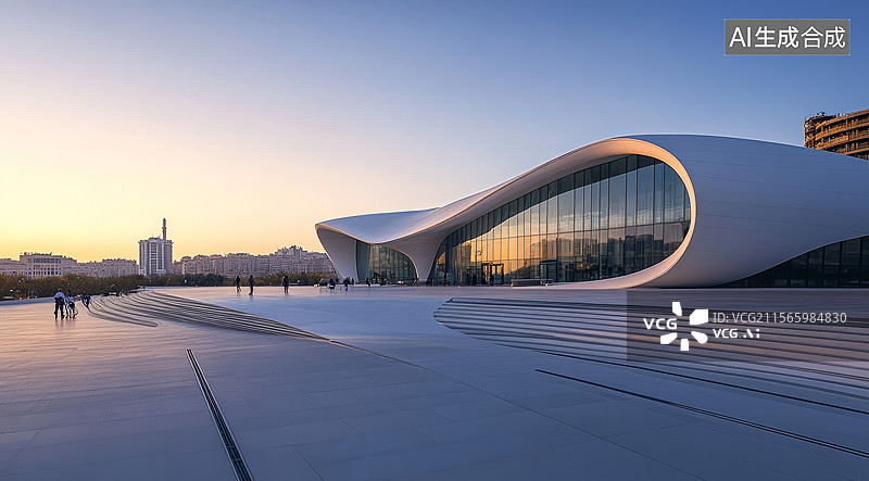 【AI数字艺术】现代建筑在日落时分的外观图片素材