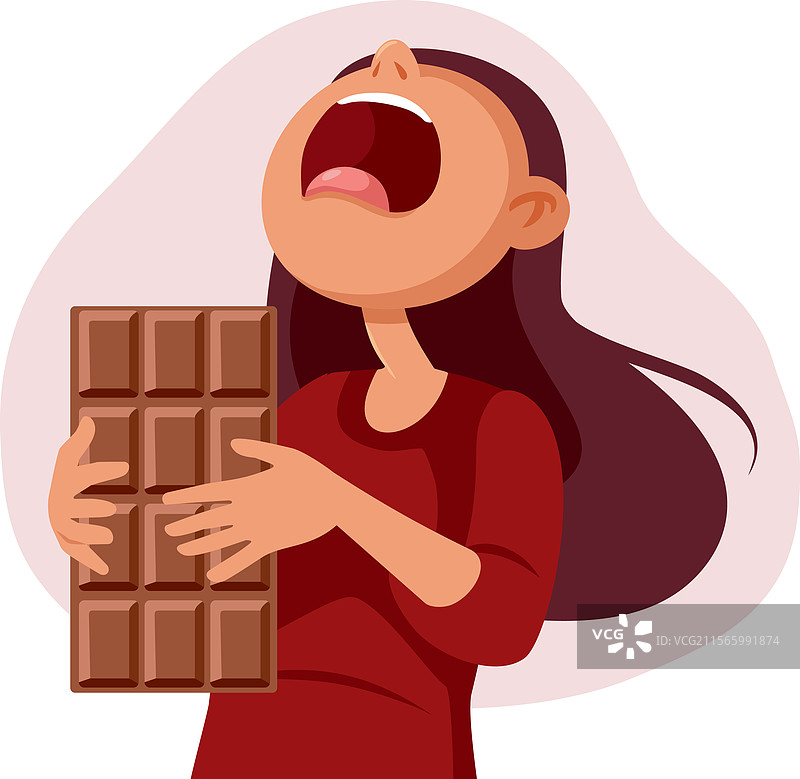 贪婪的女人手里拿着一块大巧克力棒图片素材