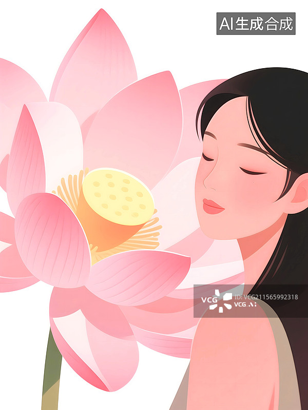 【AI数字艺术】夏天里的女人与荷花图片素材