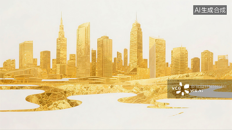 【AI数字艺术】金箔材质现代都市背景图片素材